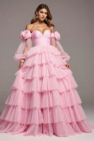 Load image into Gallery viewer, Floral Pink Tulle A Line Long Prom Dress with Ruffles