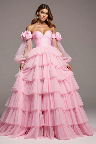 Floral Pink Tulle A Line Long Prom Dress with Ruffles