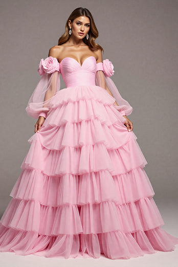 Floral Pink Tulle A Line Long Prom Dress with Ruffles
