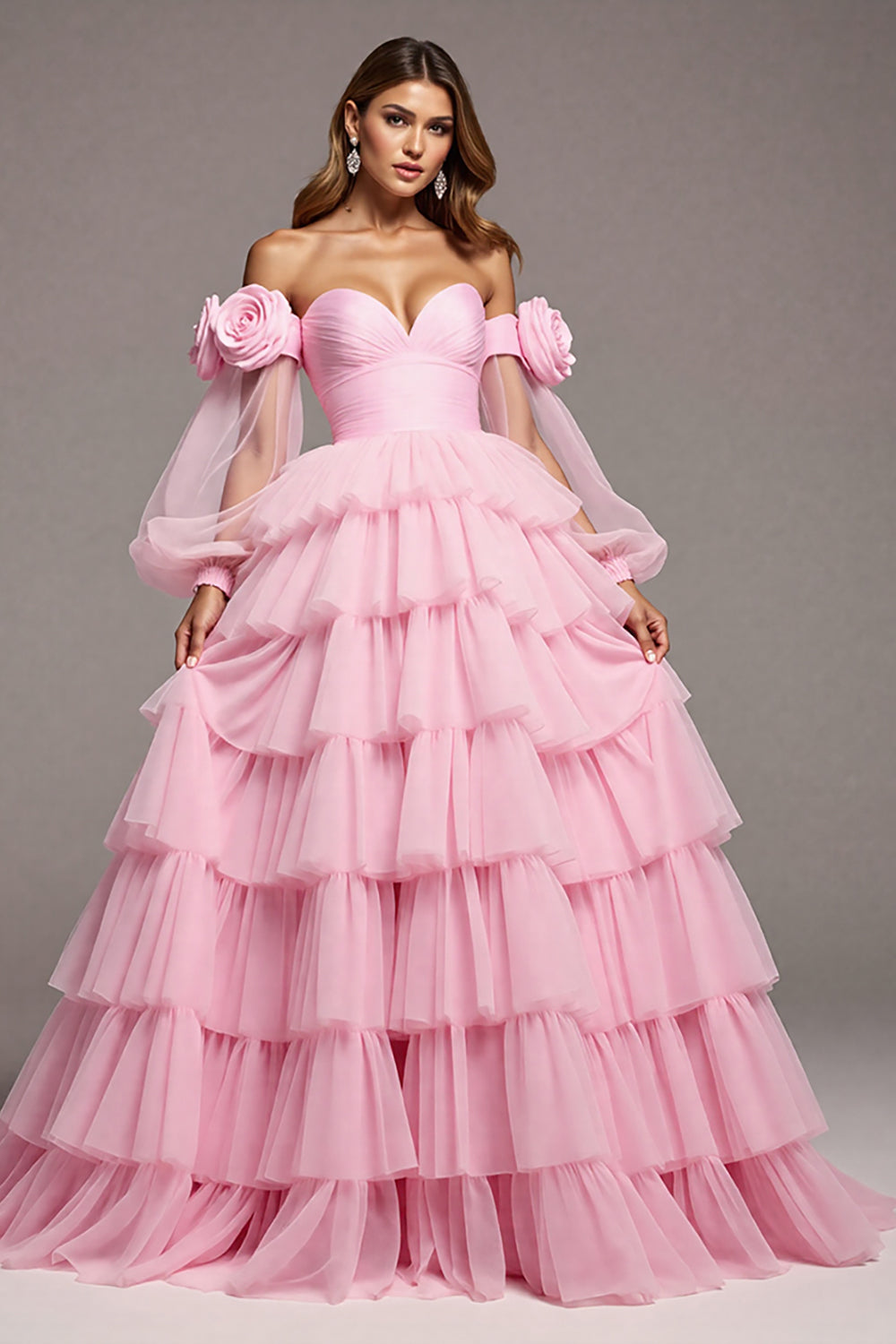 Floral Pink Tulle A Line Long Prom Dress with Ruffles