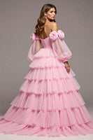 Load image into Gallery viewer, Floral Pink Tulle A Line Long Prom Dress with Ruffles