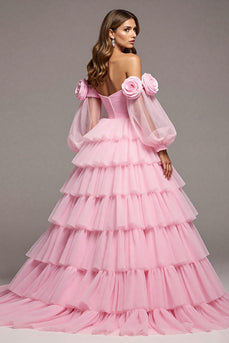 Floral Pink Tulle A Line Long Prom Dress with Ruffles