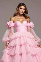 Load image into Gallery viewer, Floral Pink Tulle A Line Long Prom Dress with Ruffles
