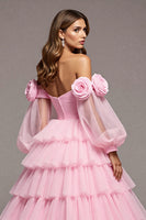 Load image into Gallery viewer, Floral Pink Tulle A Line Long Prom Dress with Ruffles
