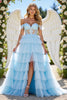 Load image into Gallery viewer, Blue A Line Tulle Tiered Long Corset Prom Dress with Appliques