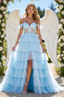 Load image into Gallery viewer, Blue A Line Tulle Tiered Long Corset Prom Dress with Appliques