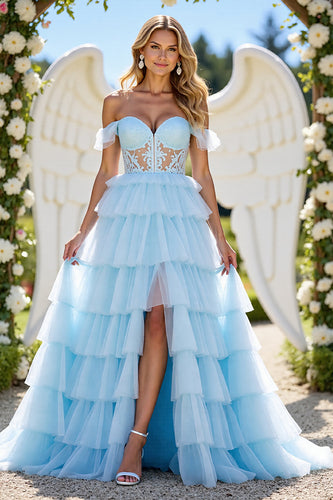 Blue A Line Tulle Tiered Long Corset Prom Dress with Appliques