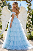 Load image into Gallery viewer, Blue A Line Tulle Tiered Long Corset Prom Dress with Appliques