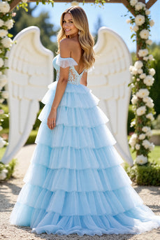 Blue A Line Tulle Tiered Long Corset Prom Dress with Appliques