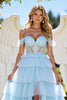 Load image into Gallery viewer, Blue A Line Tulle Tiered Long Corset Prom Dress with Appliques