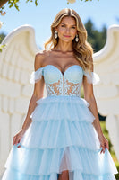Load image into Gallery viewer, Blue A Line Tulle Tiered Long Corset Prom Dress with Appliques