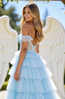Load image into Gallery viewer, Blue A Line Tulle Tiered Long Corset Prom Dress with Appliques