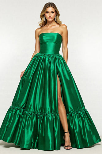 Dark Green A Line Strapless Long Satin Prom Dress with Slit