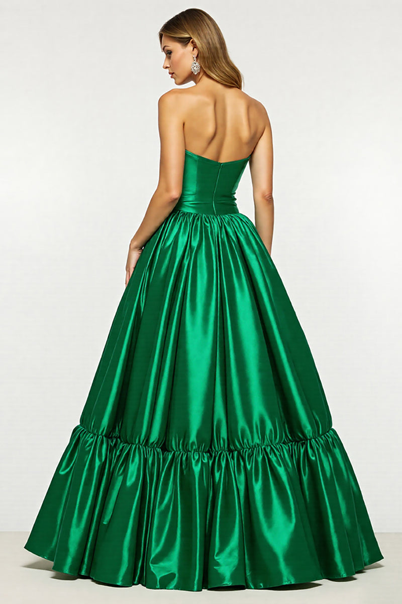 Load image into Gallery viewer, Dark Green A Line Strapless Long Satin Prom Dress with Slit