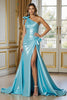 Load image into Gallery viewer, Blue Satin Mermaid Ruched Long Prom Dress with Slit