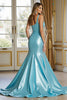 Load image into Gallery viewer, Blue Satin Mermaid Ruched Long Prom Dress with Slit