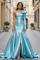 Load image into Gallery viewer, Blue Satin Mermaid Ruffled Long Prom Dress with Slit