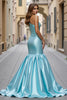 Load image into Gallery viewer, Blue Satin Mermaid Ruffled Long Prom Dress with Slit
