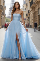 Load image into Gallery viewer, Simple Blue Tulle A Line Strapless Long Prom Dress with Slit