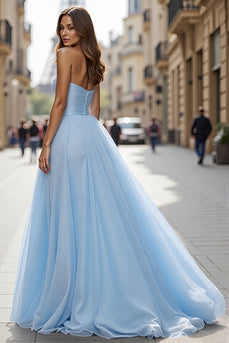 Simple Blue Tulle A Line Strapless Long Prom Dress with Slit