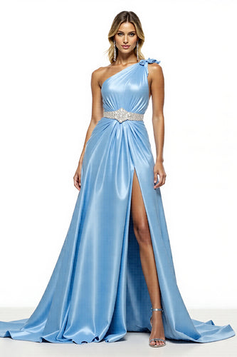 Blue Satin A Line One Shoulder Long Prom Dress with Slit