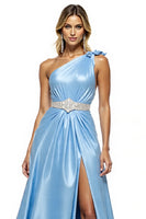 Load image into Gallery viewer, Blue Satin A Line One Shoulder Long Prom Dress with Slit