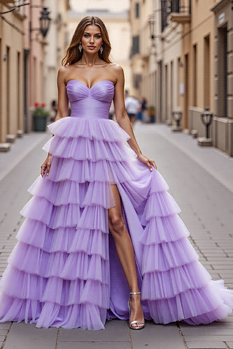 Purple Tulle A Line Long Prom Dress with Ruffles