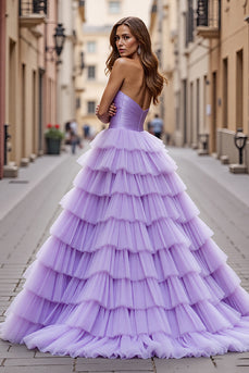 Purple Tulle A Line Long Prom Dress with Ruffles