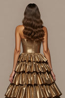 Load image into Gallery viewer, Golden Satin Ball Gown Long Prom Dress with Ruffles