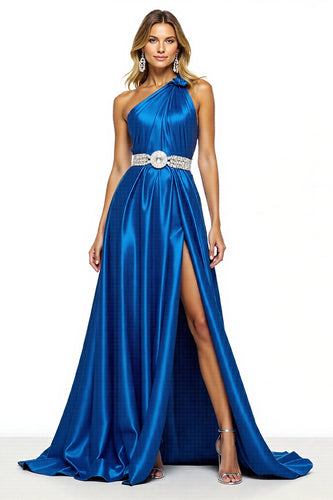 Royal Blue One Shoulder A Line Long Satin Prom Dress with Slit