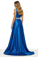 Load image into Gallery viewer, Royal Blue One Shoulder A Line Long Satin Prom Dress with Slit