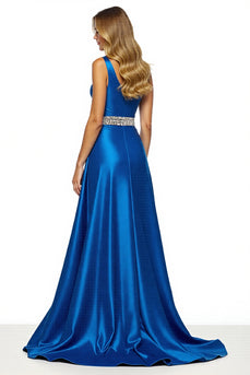 Royal Blue One Shoulder A Line Long Satin Prom Dress with Slit