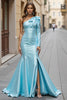 Load image into Gallery viewer, Blue Ruffled Satin Mermaid Long Prom Dress with Slit