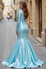 Load image into Gallery viewer, Blue Ruffled Satin Mermaid Long Prom Dress with Slit