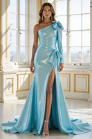 Load image into Gallery viewer, Blue Satin Mermaid One Shoulder Long Prom Dress with Slit