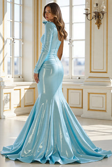 Blue Satin Mermaid One Shoulder Long Prom Dress with Slit