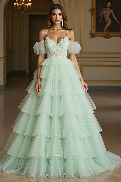Green Tulle Ball Gown Long Prom Dress with Appliques