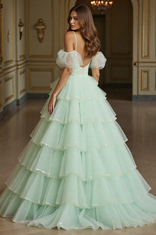 Green Tulle Ball Gown Long Prom Dress with Appliques