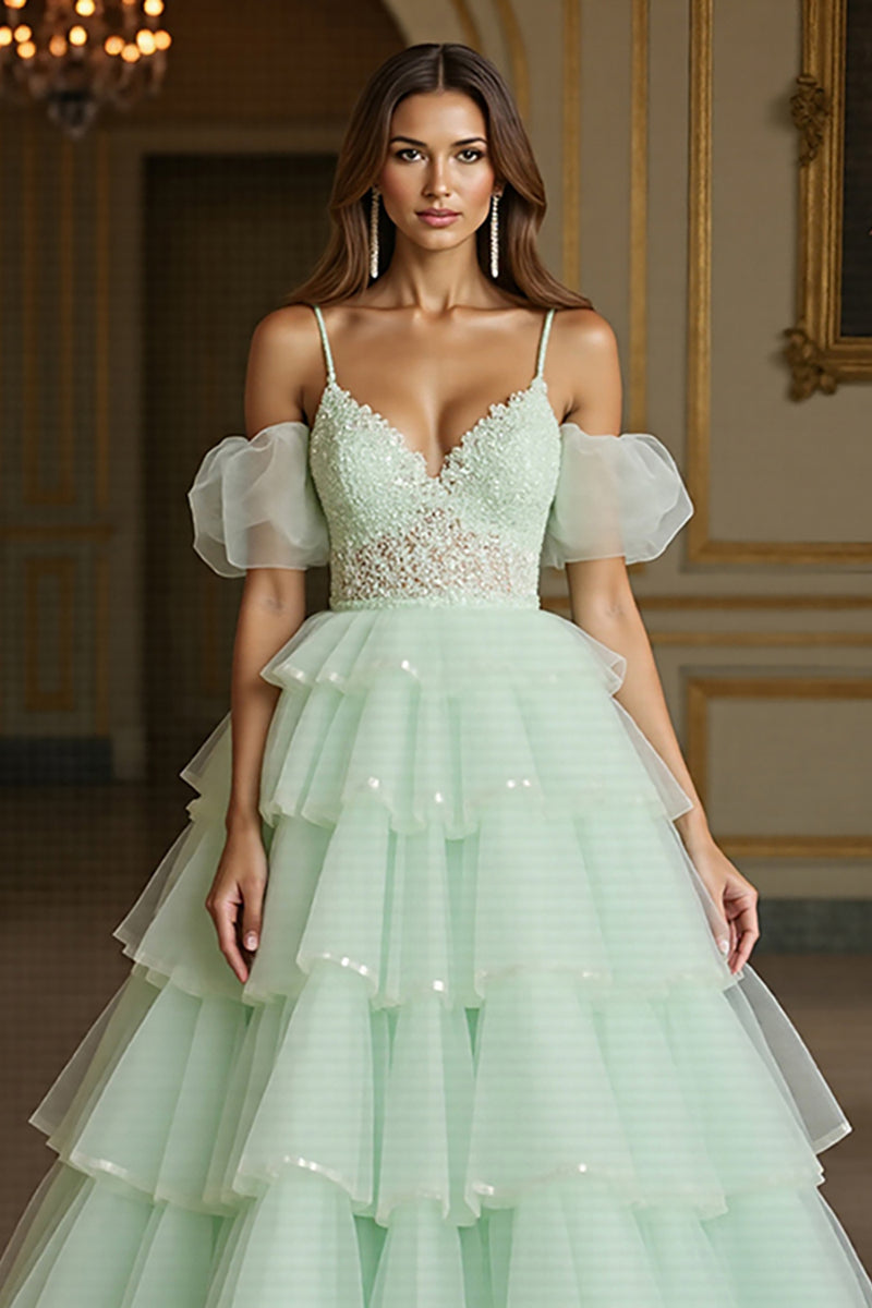 Load image into Gallery viewer, Green Tulle Ball Gown Long Prom Dress with Appliques