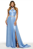 Load image into Gallery viewer, Sparkly Blue A Line Halter Long Satin Prom Dress with Slit