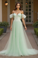 Load image into Gallery viewer, Green Tulle A Line Off the Shoulder Long Prom Dress with Appliques