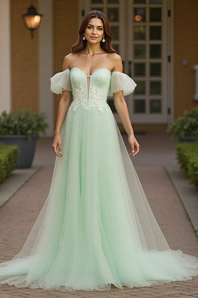 Green Tulle A Line Off the Shoulder Long Prom Dress with Appliques