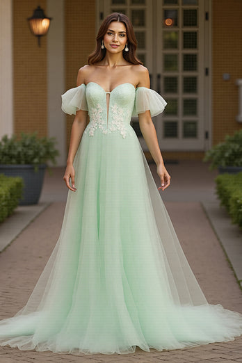 Green Tulle A Line Off the Shoulder Long Prom Dress with Appliques