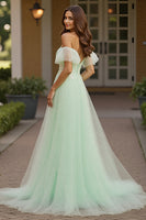 Load image into Gallery viewer, Green Tulle A Line Off the Shoulder Long Prom Dress with Appliques