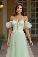 Load image into Gallery viewer, Green Tulle A Line Off the Shoulder Long Prom Dress with Appliques