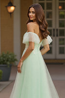 Load image into Gallery viewer, Green Tulle A Line Off the Shoulder Long Prom Dress with Appliques