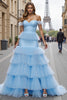 Load image into Gallery viewer, Blue Mermaid Tiered Off the Shoulder Long Prom Dress with Ruffles