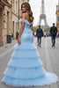 Load image into Gallery viewer, Blue Mermaid Tiered Off the Shoulder Long Prom Dress with Ruffles