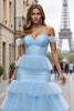 Load image into Gallery viewer, Blue Mermaid Tiered Off the Shoulder Long Prom Dress with Ruffles