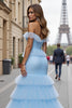 Load image into Gallery viewer, Blue Mermaid Tiered Off the Shoulder Long Prom Dress with Ruffles